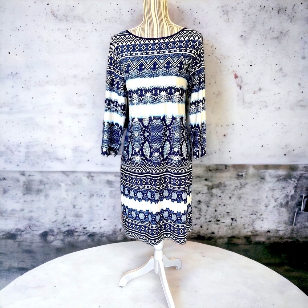 Blue and White Patterned Women's Shift Dress